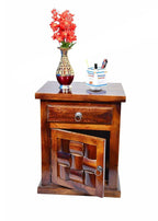 Solid Sheesham Wood Bedside Table with 1 Drawer and 1 Door Storage | Wooden Bed Side End Tables Night Stand for Home Living Room Bedroom - Brown Walnut Color Matte Finish