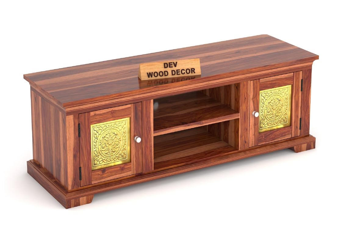 Solid Sheesham Wood TV Cabinet with 2 Door and 2 Open Shelves Storage for Living Room Kitchen Wooden Entertainment TV Unit Center Console TV Stand for Bedroom