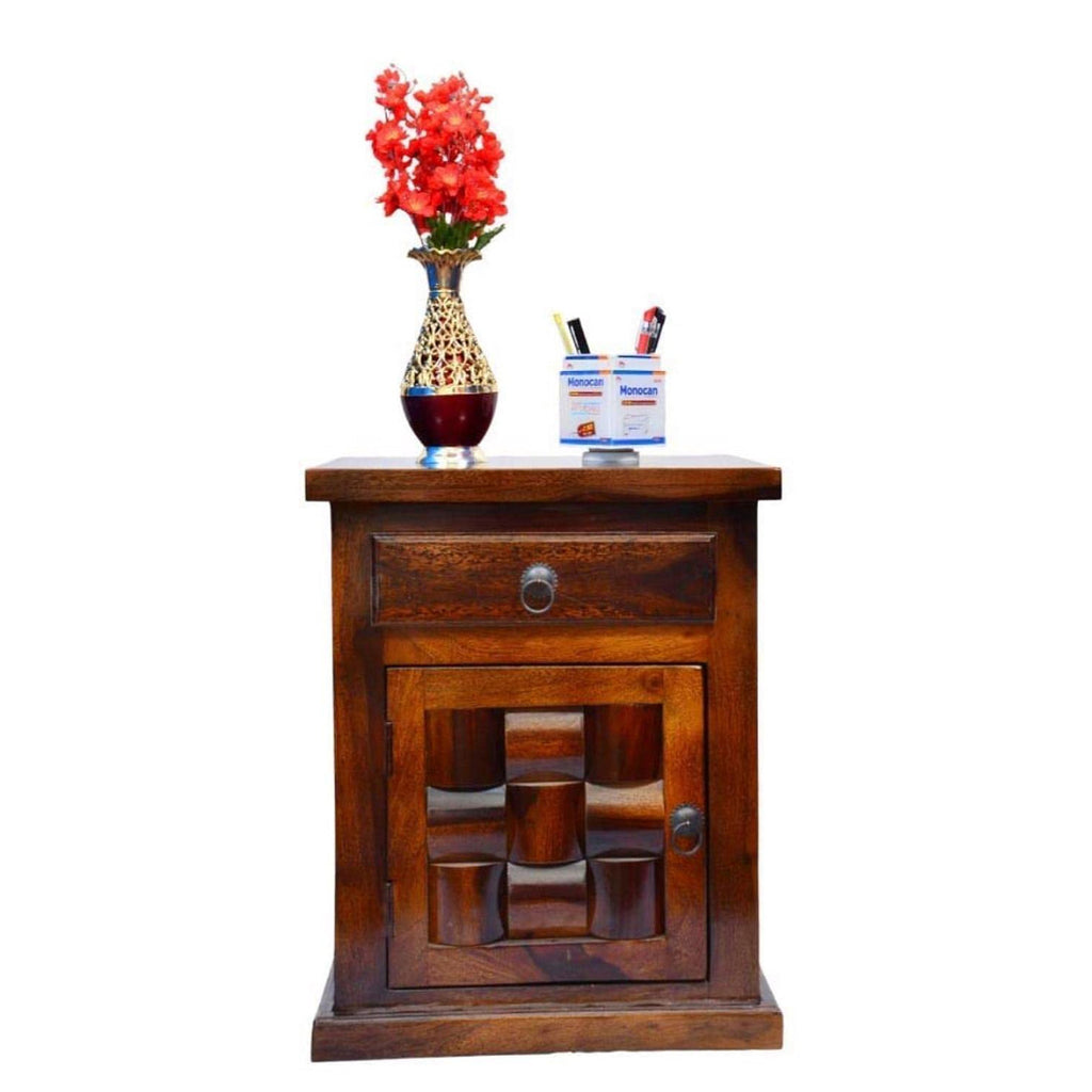 Solid Sheesham Wood Bedside Table with 1 Drawer and 1 Door Storage | Wooden Bed Side End Tables Night Stand for Home Living Room Bedroom - Brown Walnut Color Matte Finish