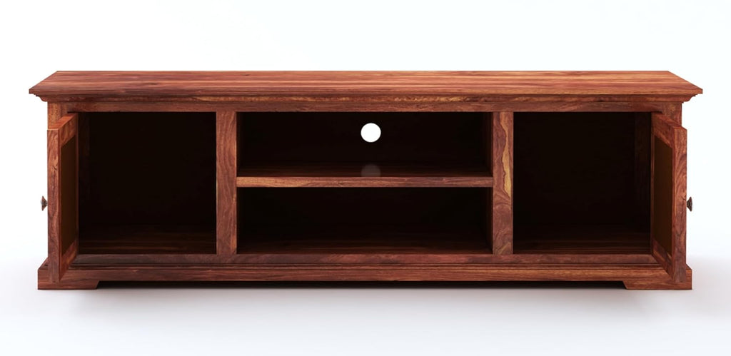 Solid Sheesham Wood TV Cabinet with 2 Door and 2 Open Shelves Storage for Living Room Kitchen Wooden Entertainment TV Unit Center Console TV Stand for Bedroom