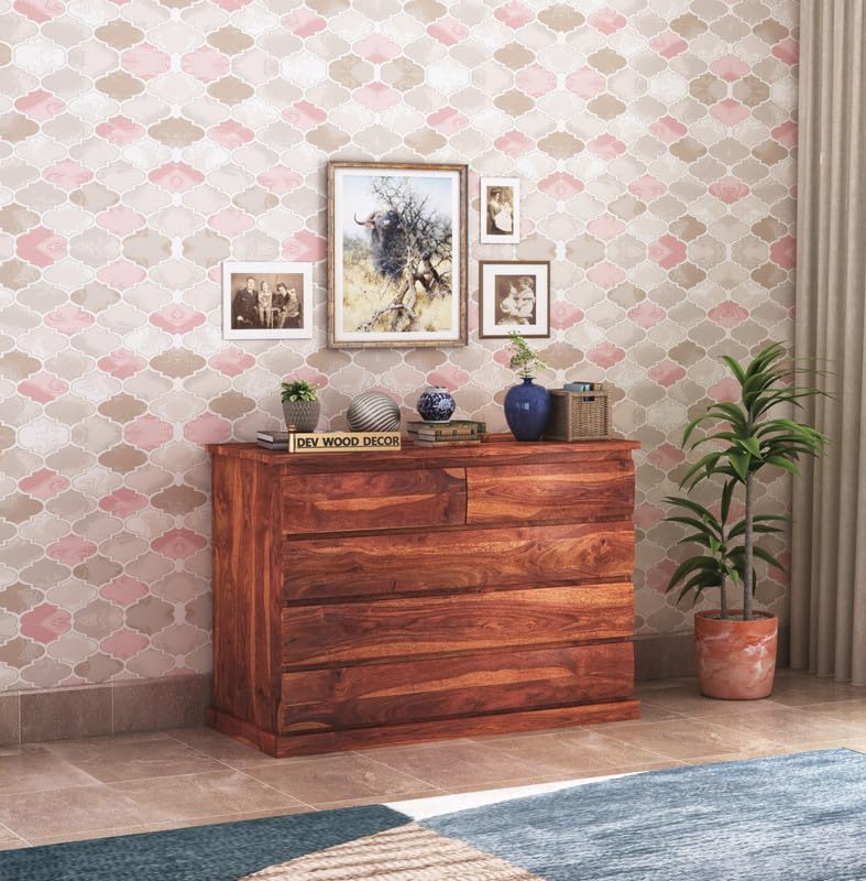 Solid Sheesham Wood Chest of Drawers with 6 Drawer Storage for Living Room Home Wooden Sideboard Cabinet Storage Organizer Unit for Bedroom
