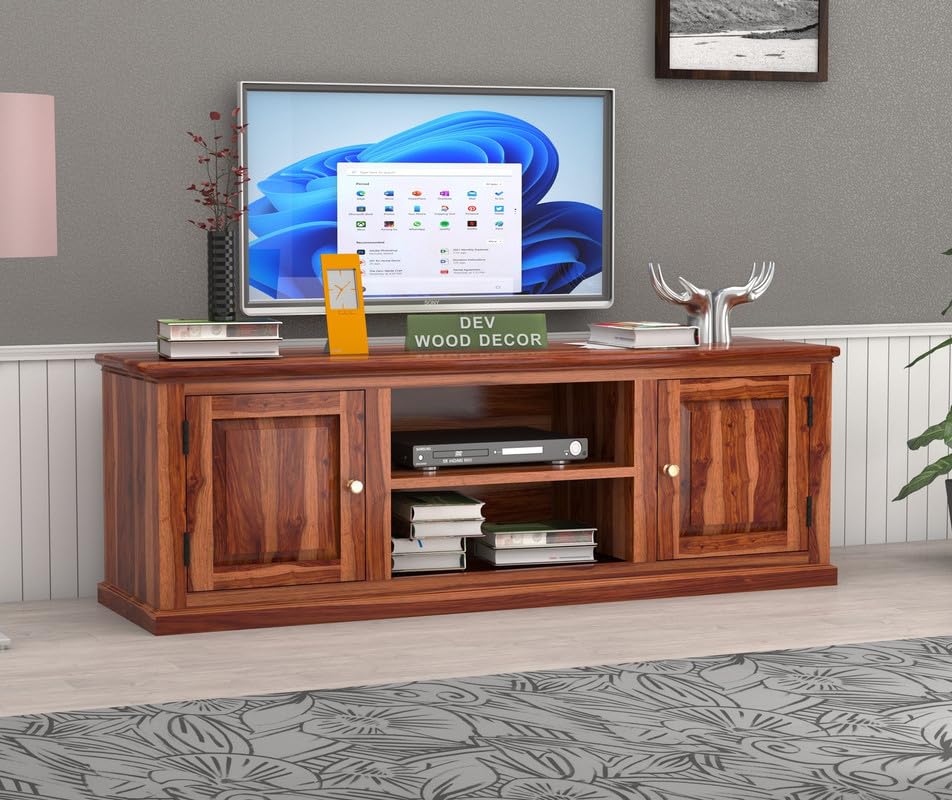 Solid Sheesham Wood TV Cabinet with 2 Door and 2 Open Shelves Storage for Living Room Kitchen Wooden Entertainment TV Unit Center Console TV Stand for Bedroom
