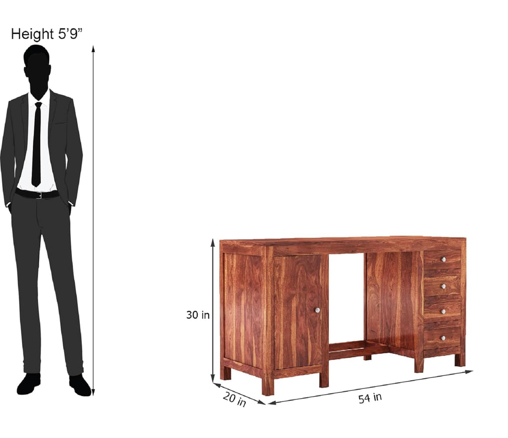 Solid Sheesham Wood Study Table with 4 Drawer and 1 Door Storage for Living Room | Wooden Computer Desktop Laptop Desk Furniture for Students Work Office Table for Home