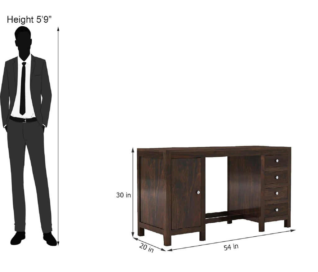 Solid Sheesham Wood Study Table with 4 Drawer and 1 Door Storage for Living Room | Wooden Computer Desktop Laptop Desk Furniture for Students Work Office Table for Home