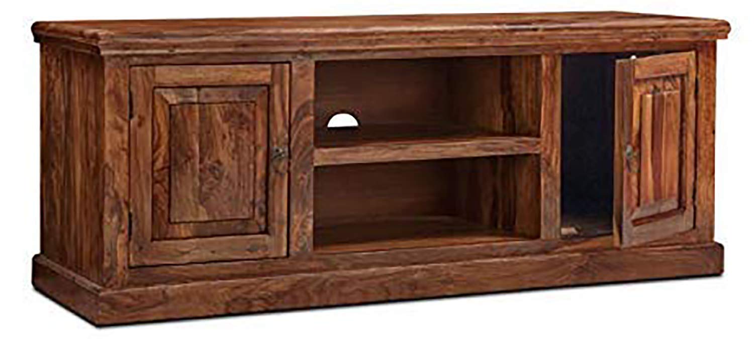 Solid Sheesham Wood TV Cabinet with 2 Door and 2 Open Shelves Storage for Living Room Kitchen Wooden Entertainment TV Unit Center Console TV Stand for Bedroom
