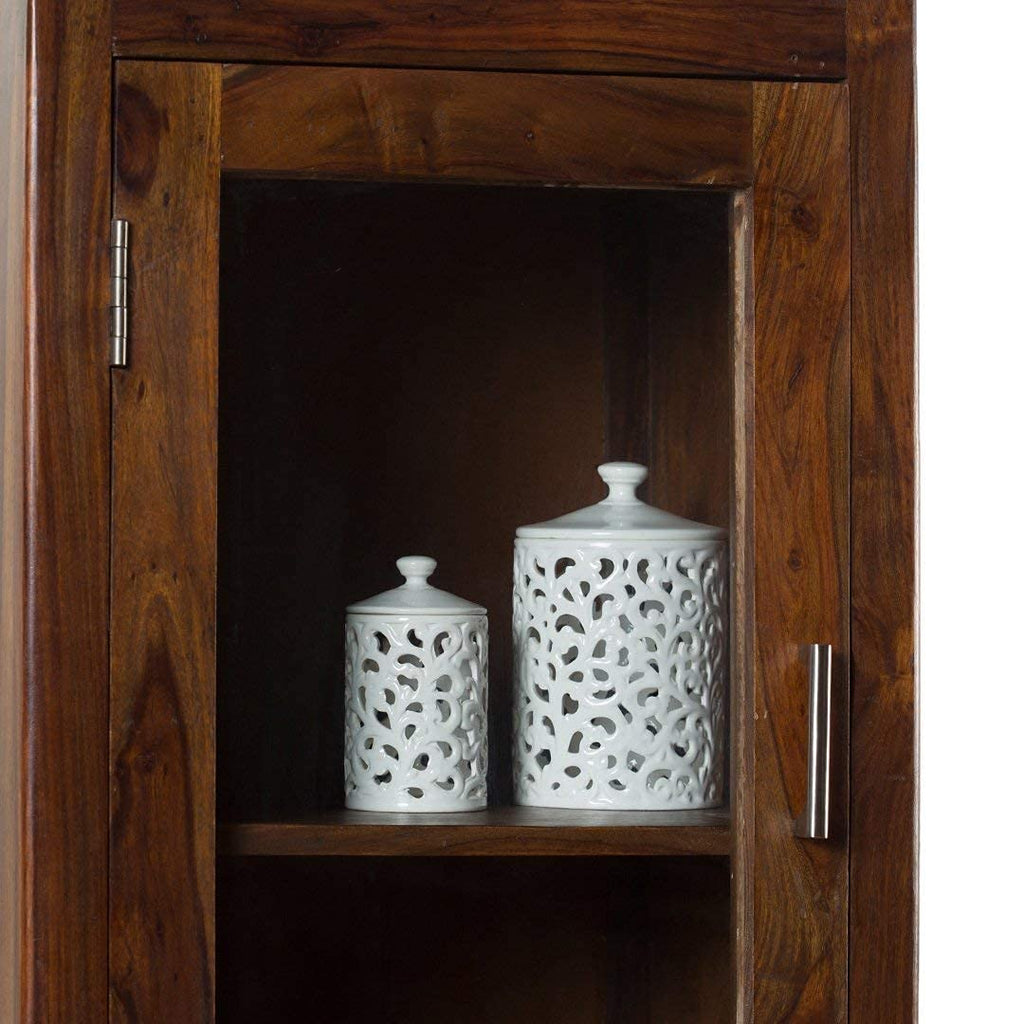 Sheesham Wood Bookshelf with 1 Drawer and Glass Door Storage for Living Room Wooden Display Rack Bookcase Stand Book Shelf Crockery Unit Furniture for Home Library