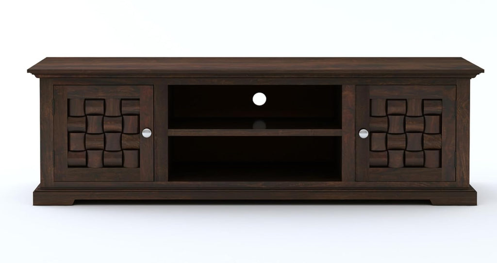 Solid Sheesham Wood TV Cabinet with 2 Door and 2 Open Shelves Storage for Living Room Kitchen Wooden Entertainment TV Unit Center Console TV Stand for Bedroom