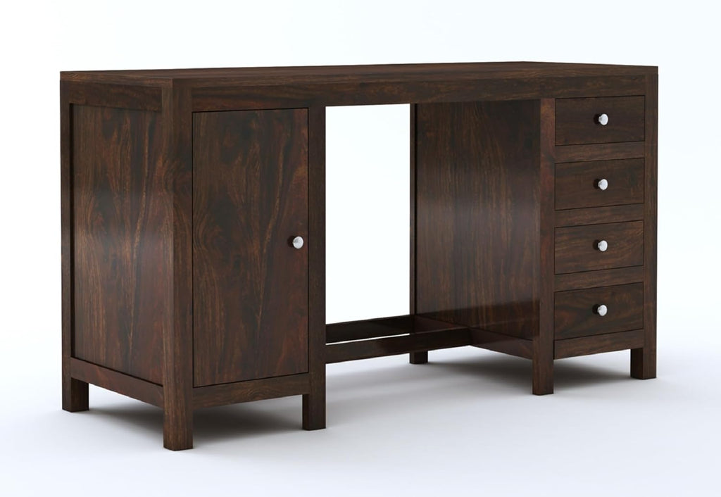 Solid Sheesham Wood Study Table with 4 Drawer and 1 Door Storage for Living Room | Wooden Computer Desktop Laptop Desk Furniture for Students Work Office Table for Home