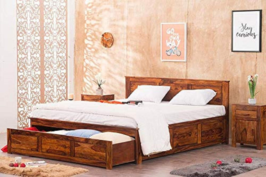 Solid Sheesham Wood King Size Bed with Frount Drawer Storage for Bedroom Furniture Wooden Double Bed Cot Palang for Living Room, Home, and Hotels
