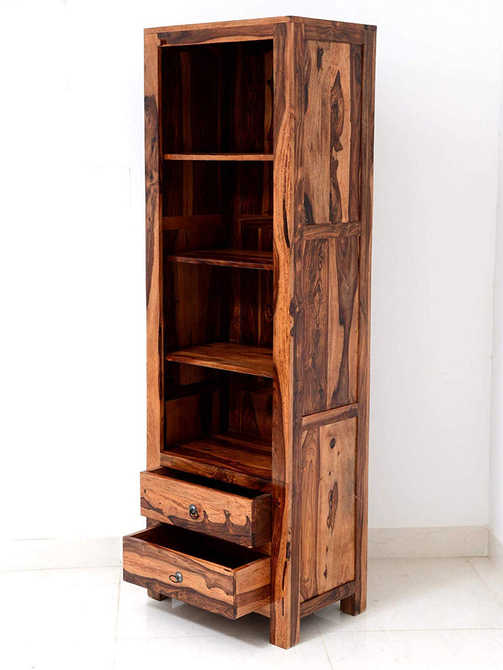 Sheesham Wood Bookshelf with 1 Drawer and Glass Door Storage for Living Room Wooden Display Rack Bookcase Stand Book Shelf Crockery Unit Furniture for Home Library