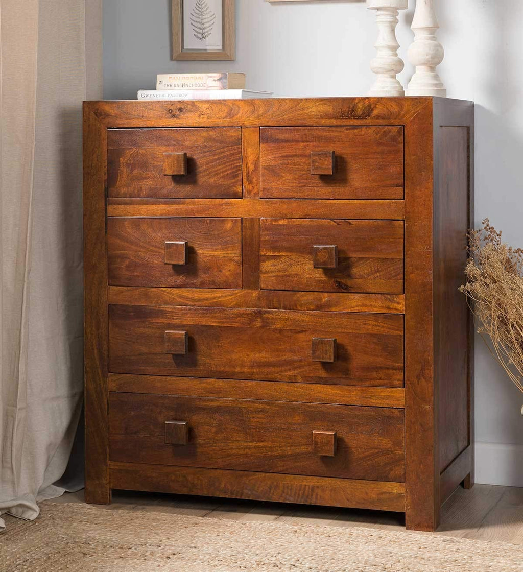 Solid Sheesham Wood Chest of Drawers with 6 Drawer Storage for Living Room Home Wooden Sideboard Cabinet Storage Organizer Unit for Bedroom
