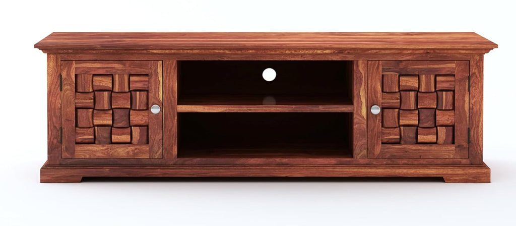 Solid Sheesham Wood TV Cabinet with 2 Door and 2 Open Shelves Storage for Living Room Kitchen Wooden Entertainment TV Unit Center Console TV Stand for Bedroom