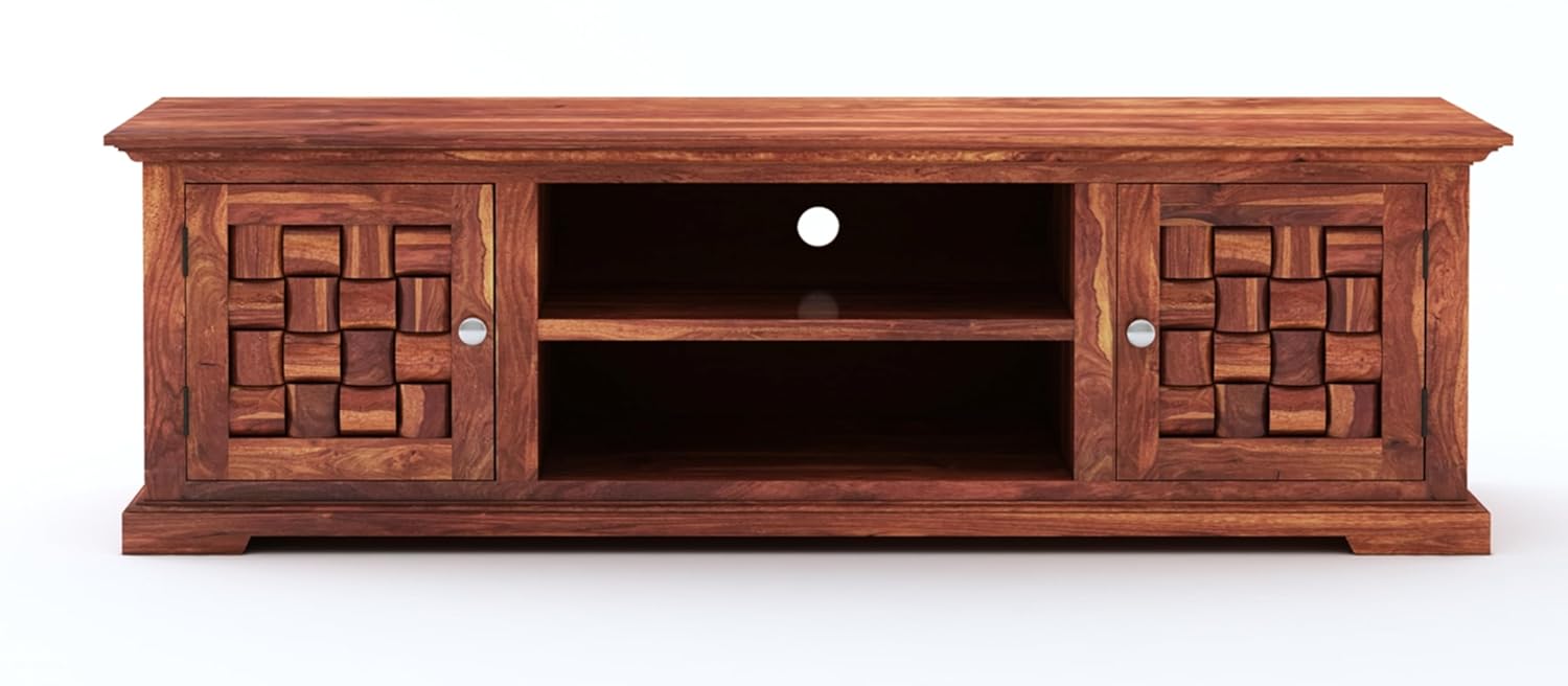 Solid Sheesham Wood TV Cabinet with 2 Door and 2 Open Shelves Storage for Living Room Kitchen Wooden Entertainment TV Unit Center Console TV Stand for Bedroom