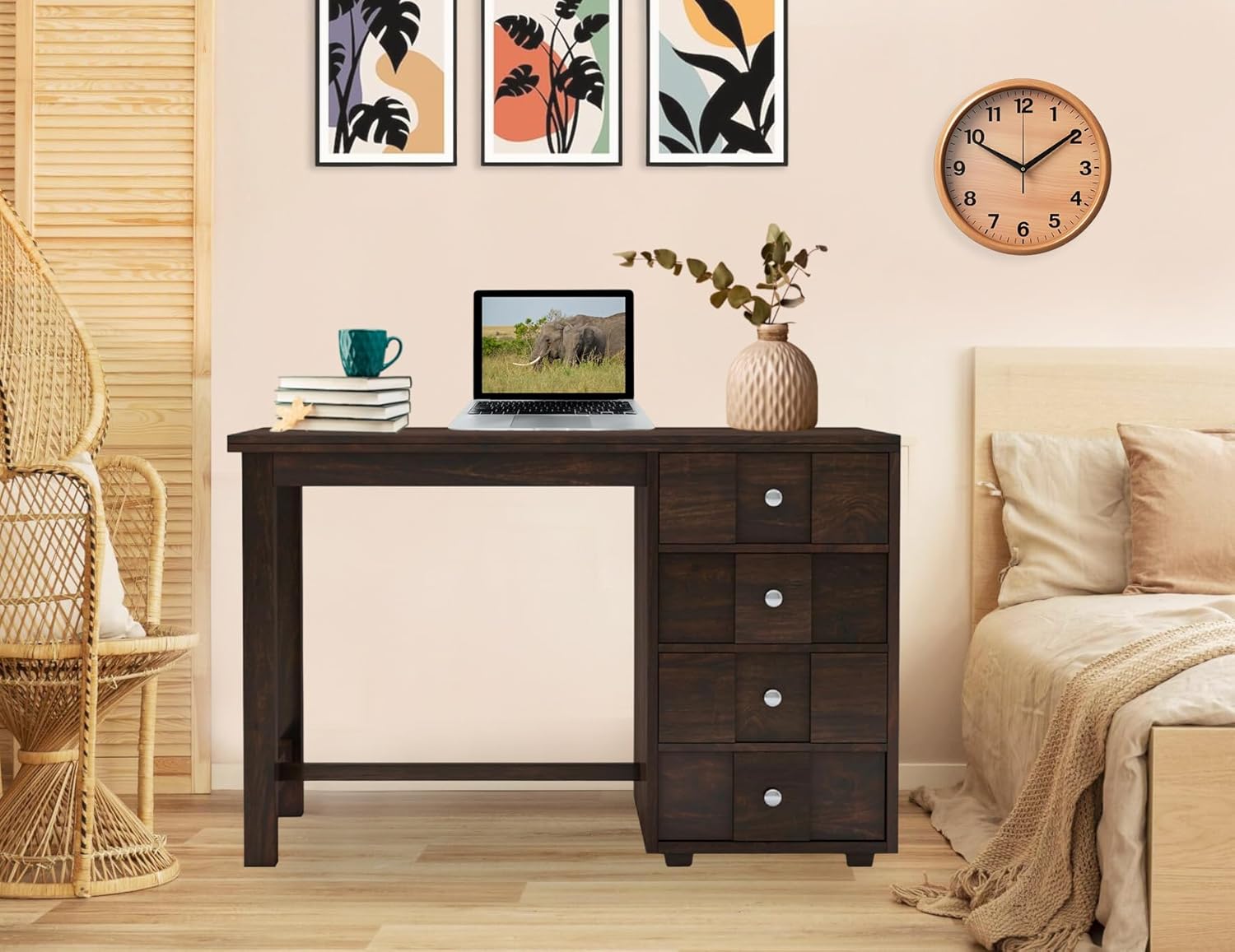 Solid Sheesham Wood Study Table with 4 Drawer Storage for Living Room | Wooden Computer Desktop Laptop, Desk Furniture for Students Workstation Office Table for Home