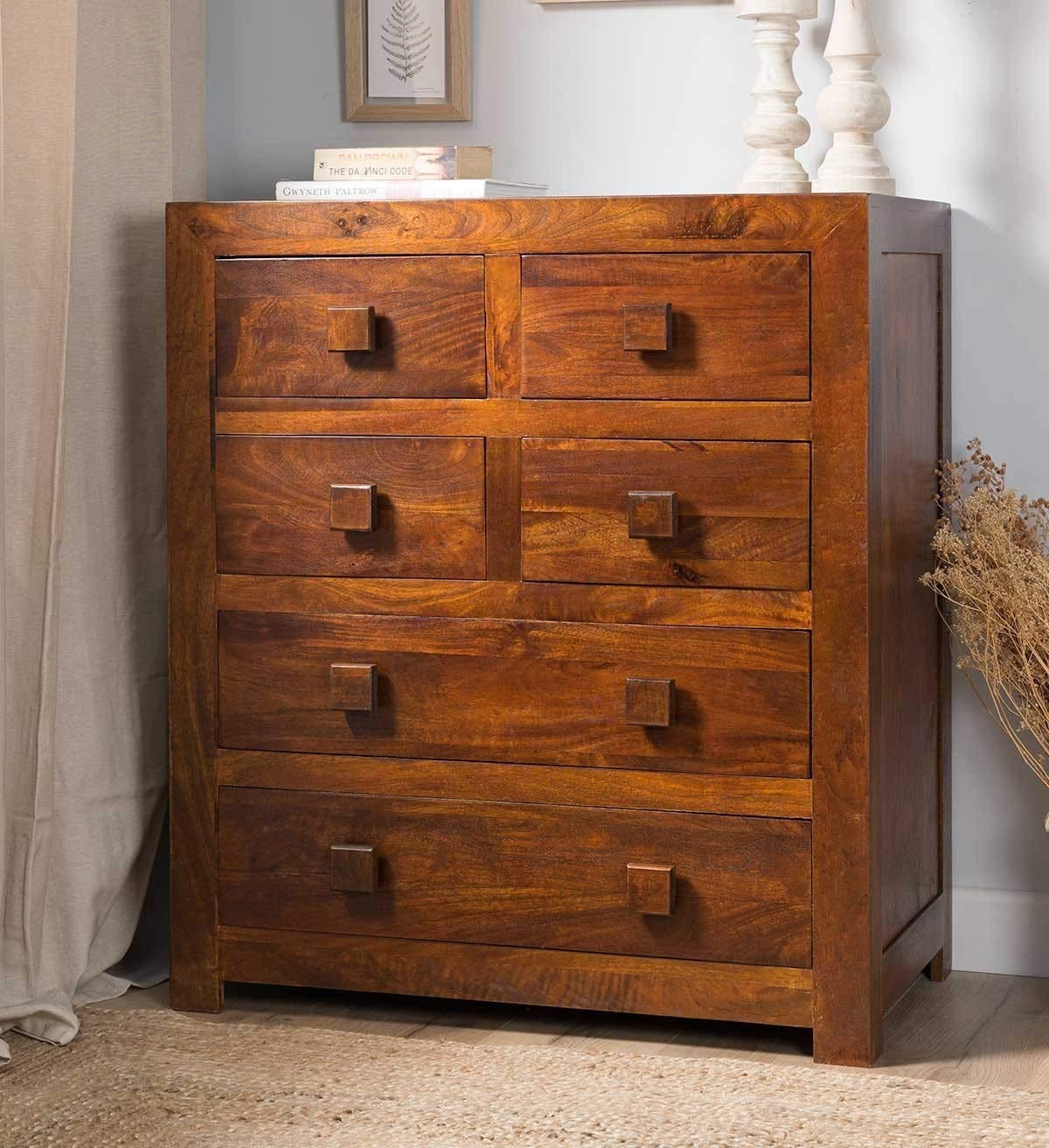 Solid Sheesham Wood Chest of Drawers with 6 Drawer Storage for Living Room Home Wooden Sideboard Cabinet Storage Organizer Unit for Bedroom