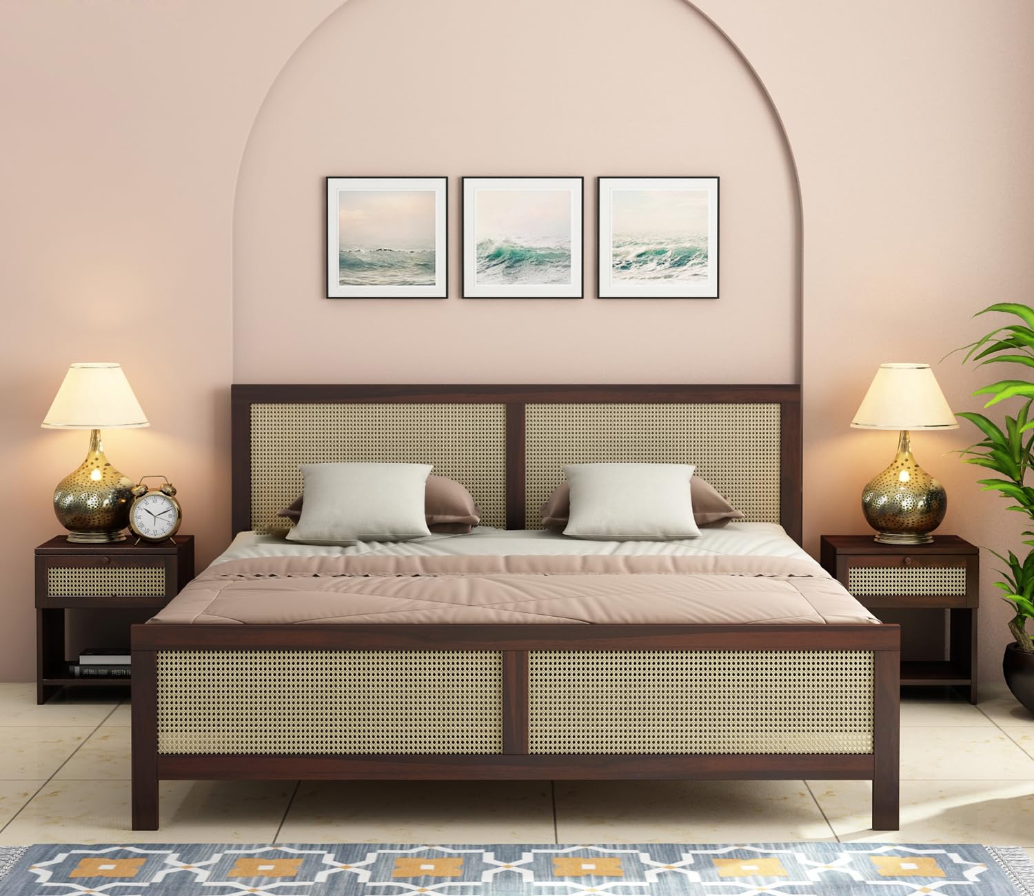 Sheesham Wood Cane King Size Bed Without Storage Solid Wood Cot Palang Double Bed Furniture for Bedroom Living Room