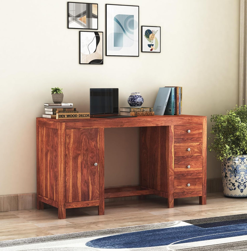 Solid Sheesham Wood Study Table with 4 Drawer and 1 Door Storage for Living Room | Wooden Computer Desktop Laptop Desk Furniture for Students Work Office Table for Home