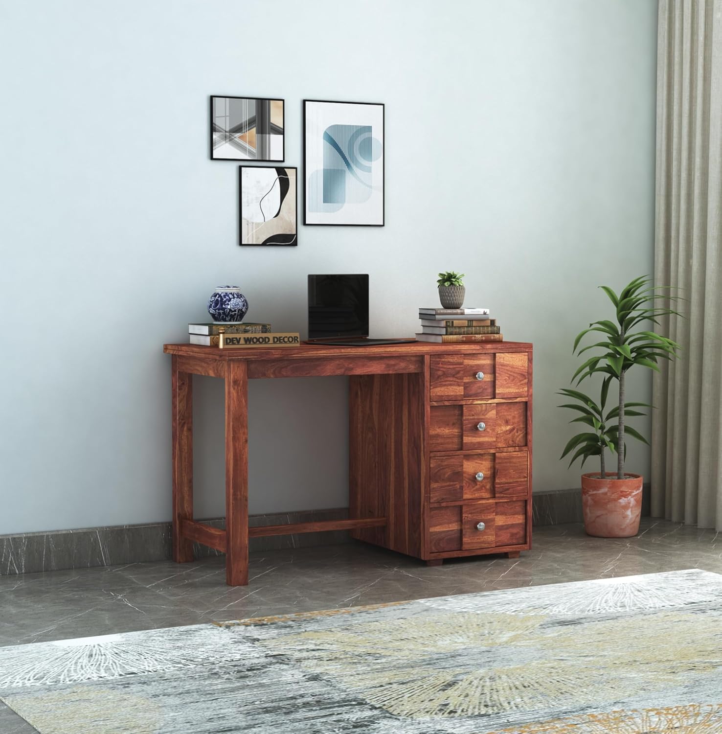 Solid Sheesham Wood Study Table with 4 Drawer Storage for Living Room | Wooden Computer Desktop Laptop, Desk Furniture for Students Workstation Office Table for Home