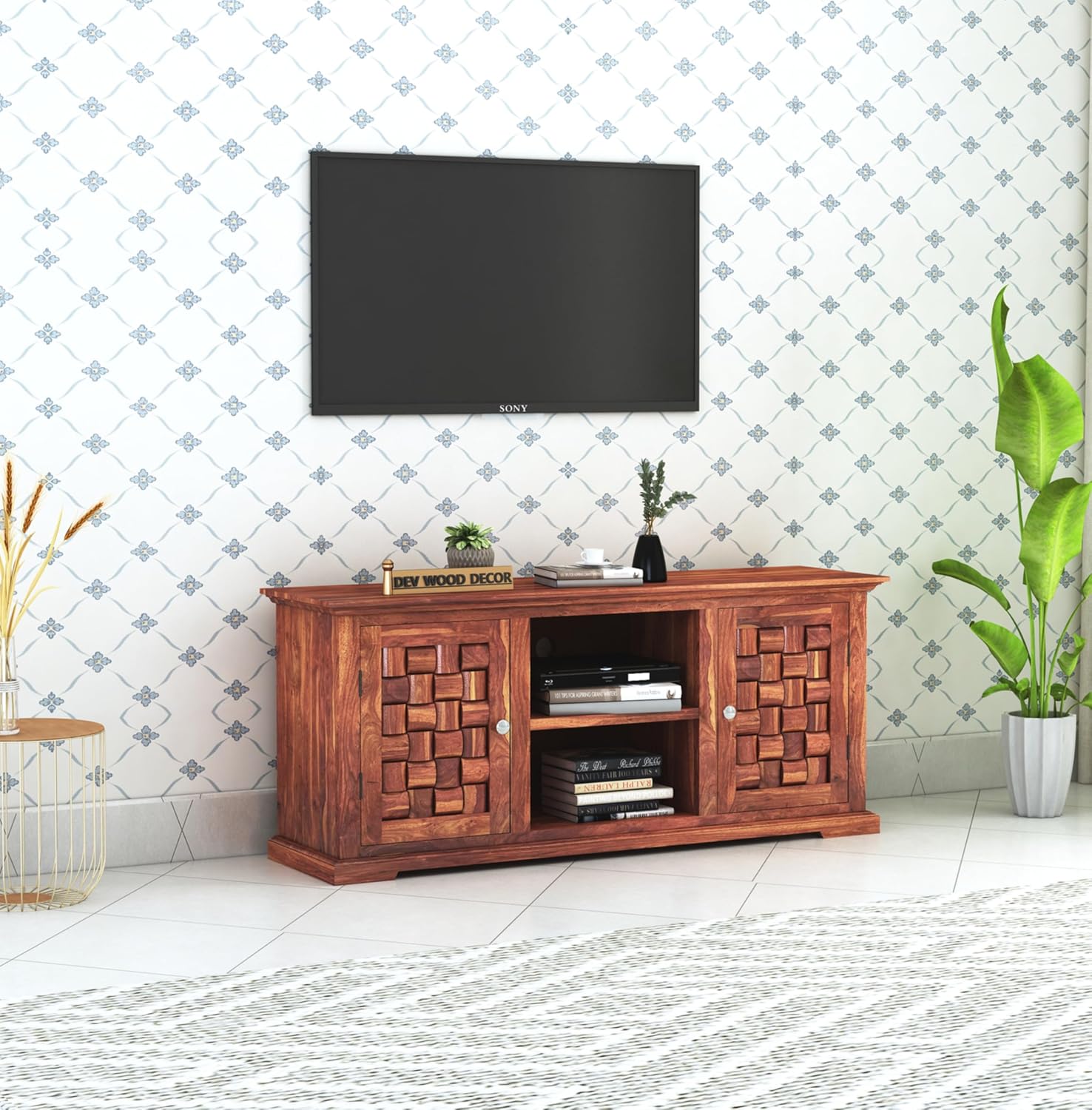 Solid Sheesham Wood TV Cabinet with 2 Door and 2 Open Shelves Storage for Living Room Kitchen Wooden Entertainment TV Unit Center Console TV Stand for Bedroom