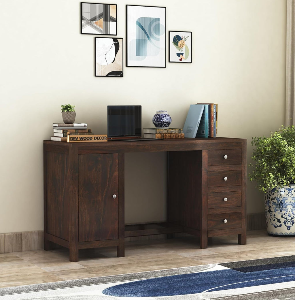 Solid Sheesham Wood Study Table with 4 Drawer and 1 Door Storage for Living Room | Wooden Computer Desktop Laptop Desk Furniture for Students Work Office Table for Home
