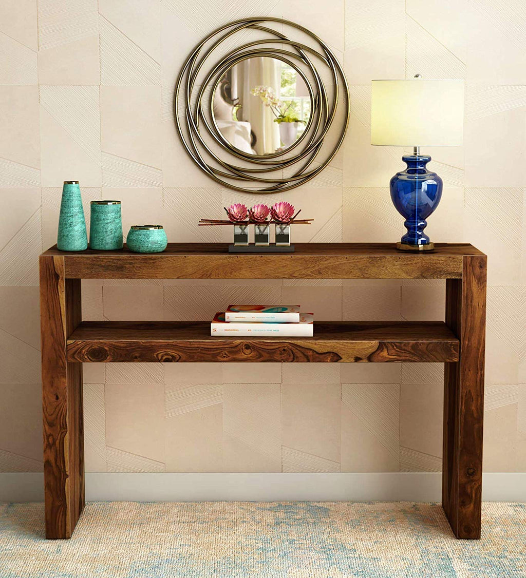 Solid Sheesham Wood Console Table for Living Room Wooden Side Entrance Tables with Open Shelf Storage Workstation Entryway Foyer Table for Home and Office