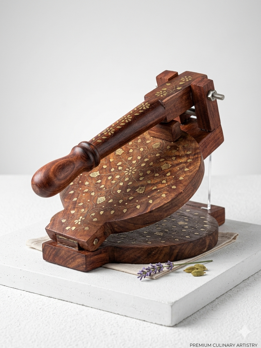 Dev wood decor|roti maker|Premium Handcrafted Sheesham Wood Puri Maker with Intricate Brass Inlay Work | Ergonomic Manual Tortilla & Roti Press | Traditional Indian Kitchenware