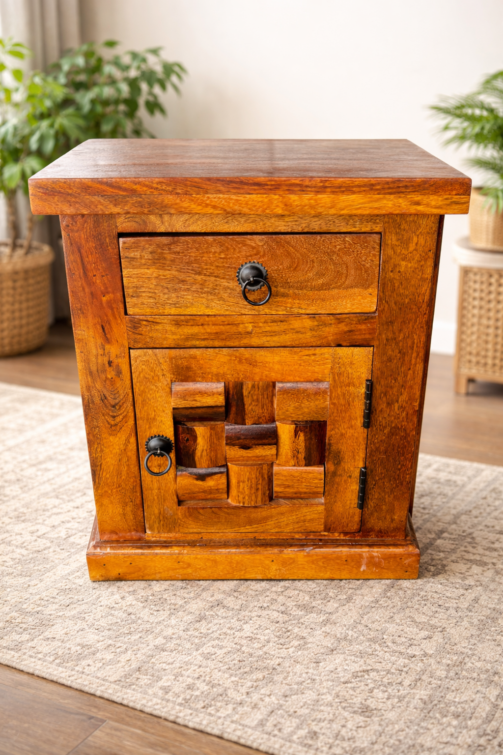 Dev wood decor|Solid Sheesham Wood Bedside Table with Drawer & Cabinet | Rustic Handcrafted Nightstand