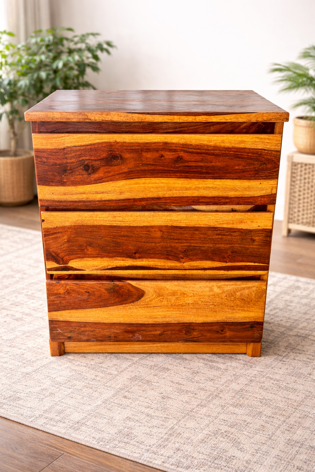 Dev wood decor|Solid Sheesham Wood 3 Drawer Chest | Rustic Wooden Bedside Table & Storage Cabinet
