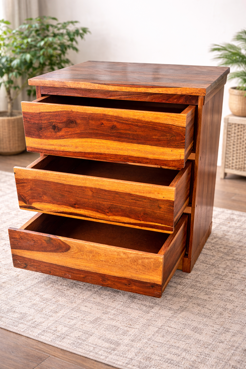 Dev wood decor|Solid Sheesham Wood 3 Drawer Chest | Rustic Wooden Bedside Table & Storage Cabinet
