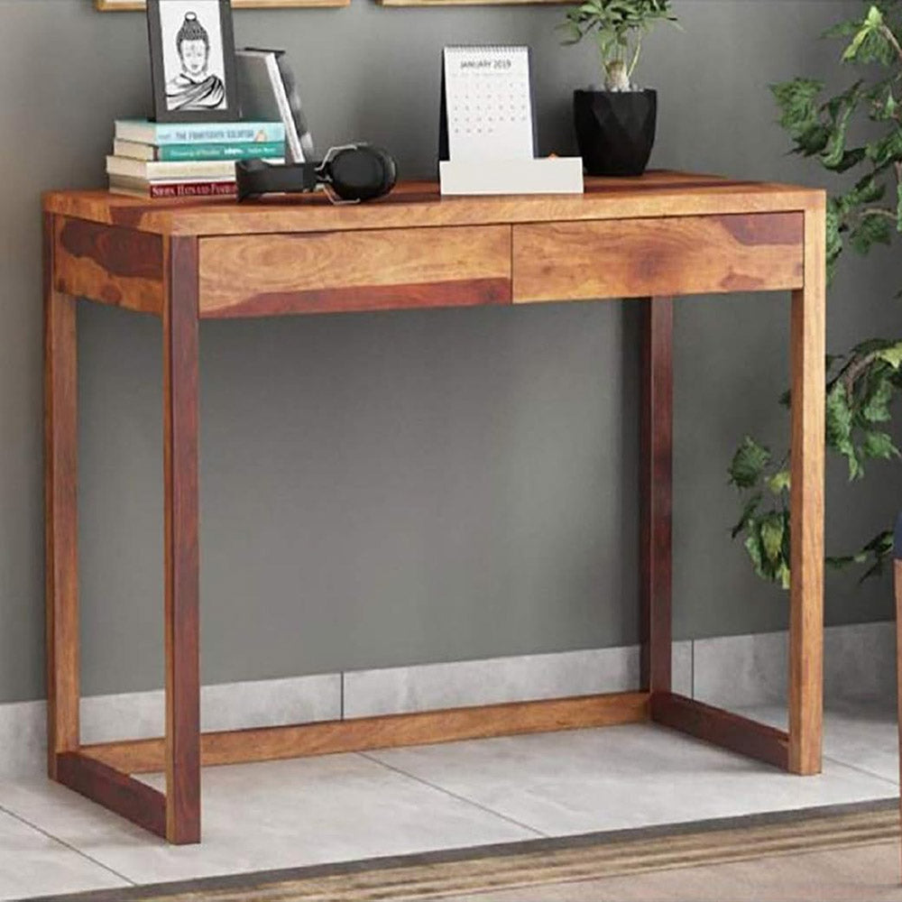 Solid Sheesham Wood Study Table with 2 Drawer Storage for Living Room | Wooden Computer Desktop Laptop Desk Furniture for Students Workstation Office Table for Home