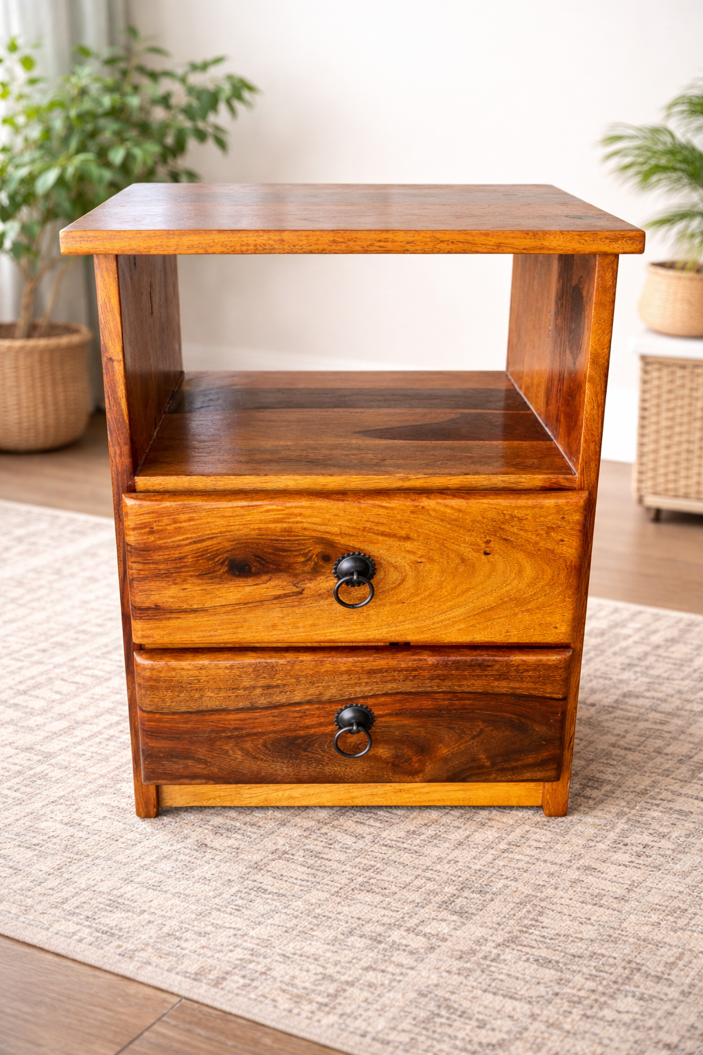 Dev wood decor|Solid Sheesham Wood Bedside Table with Open Shelf & 2 Drawers | Modern Rustic Nightstand