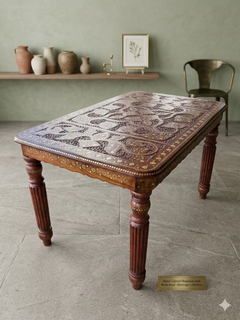 Dev wood decor|Premium Hand-Carved Sheesham Wood dining&coffee Table with Intricate Brass Inlay Work