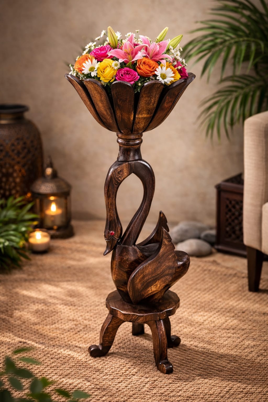 Dev wood decor |Elegant Handcrafted Wooden Swan Flower Stand (70 cm Height) – Decorative Indoor Planter
