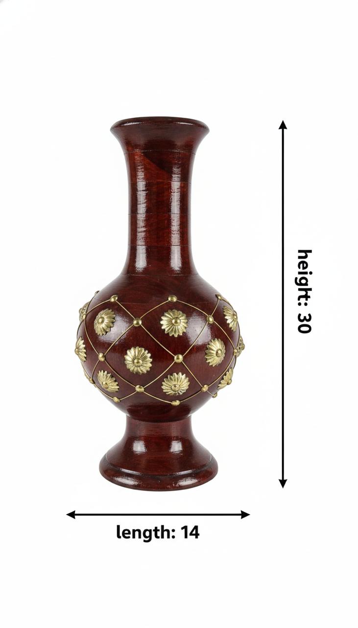 Dev wood decor |Premium Handcrafted Wooden Flower Vase | Decorative Sheesham Wood Vase with Brass Inlay Design | Elegant Home & Table Décor (Height 30 cm)