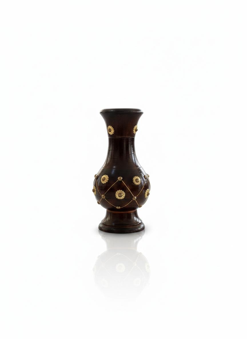 Dev wood decor |Premium Handcrafted Wooden Flower Vase | Decorative Sheesham Wood Vase with Brass Inlay Design | Elegant Home & Table Décor (Height 30 cm)