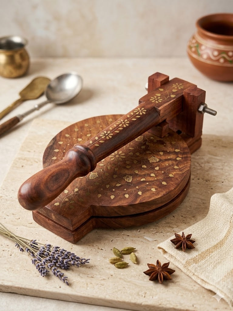 Dev wood decor|roti maker|Premium Handcrafted Sheesham Wood Puri Maker with Intricate Brass Inlay Work | Ergonomic Manual Tortilla & Roti Press | Traditional Indian Kitchenware