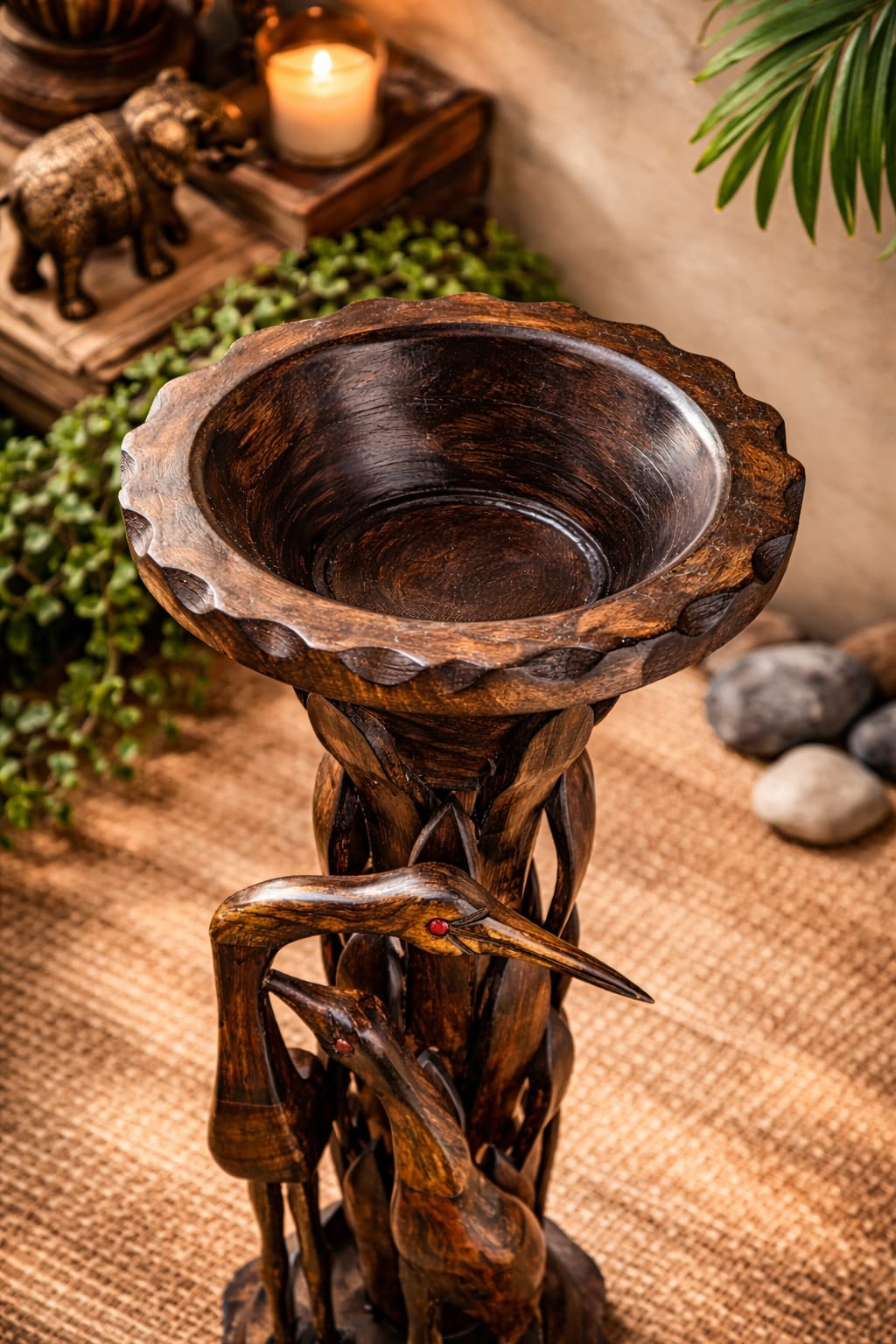 Dev wood decor|Handcrafted Wooden Saras Bird Showpiece with Bowl | Decorative Floor Stand | Traditional Carved Crane Sculpture | Home Décor Accent Piece