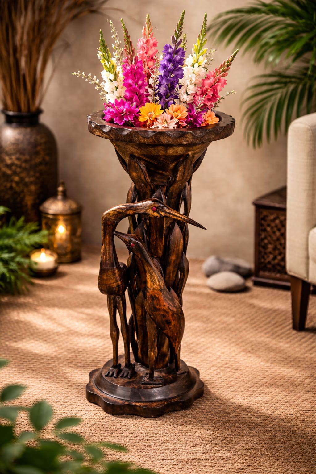 Dev wood decor|Handcrafted Wooden Saras Bird Showpiece with Bowl | Decorative Floor Stand | Traditional Carved Crane Sculpture | Home Décor Accent Piece